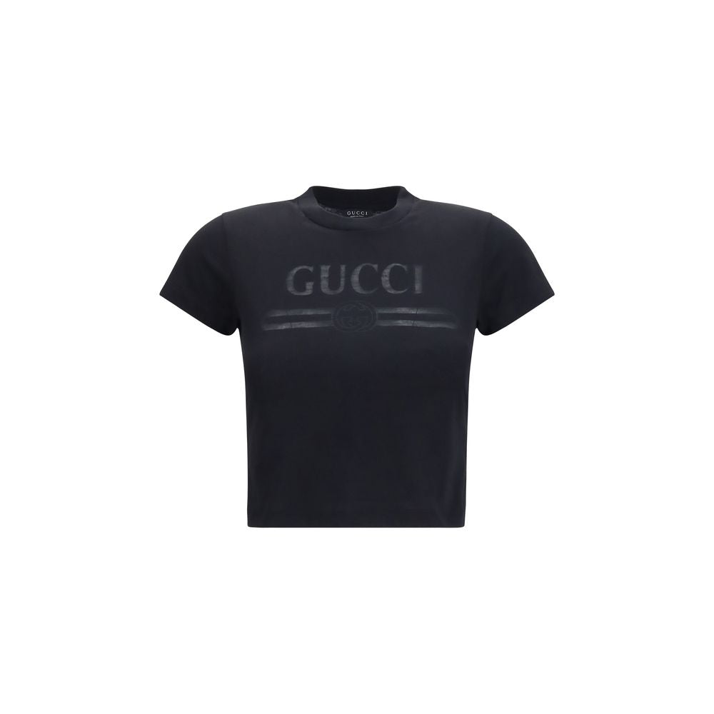T-Shirt by Gucci for women in cotton polyester black & print features an edgy silhouette, meticulously detailed with a sophisticated short-sleeve and crew neckline for a truly edgy finish.