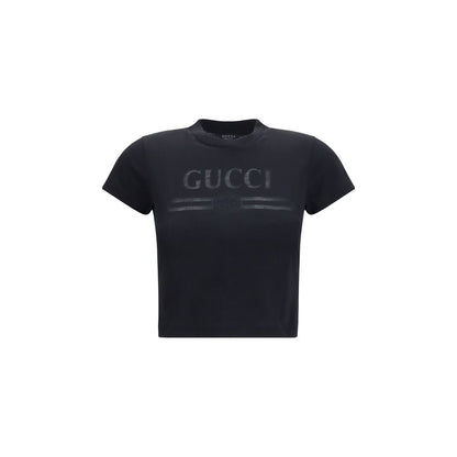 T-Shirt by Gucci for women in cotton polyester black & print features an edgy silhouette, meticulously detailed with a sophisticated short-sleeve and crew neckline for a truly edgy finish.