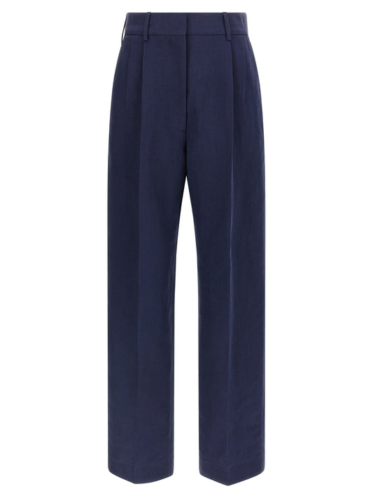 Casual Pants by Blazé Milano for women in linen & silk blue presents a tailored silhouette, showcasing a tailored straight-leg and long cut with a refined high rise for a truly tailored aesthetic.