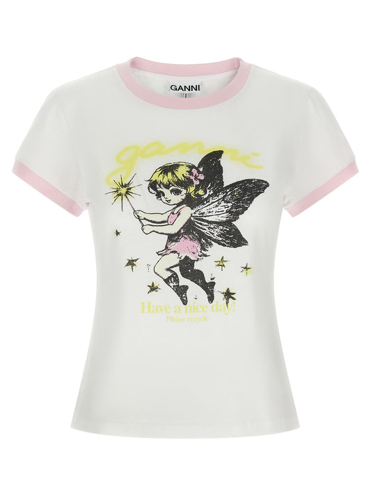 T-Shirt by Ganni for women in organic cotton white & print showcases a unassuming silhouette, artfully detailed with a refined crew neckline and unassuming short-sleeve for a sophisticated, contemporary look.