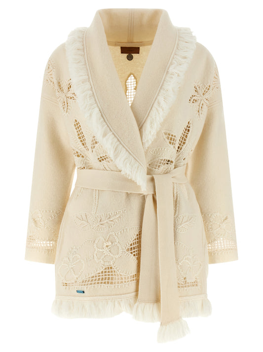 Cardigan by Alanui for women in virgin wool white showcases a captivating silhouette, artfully detailed with a captivating long-sleeve and wrap shawl-collar neckline for a truly sophisticated captivating look.