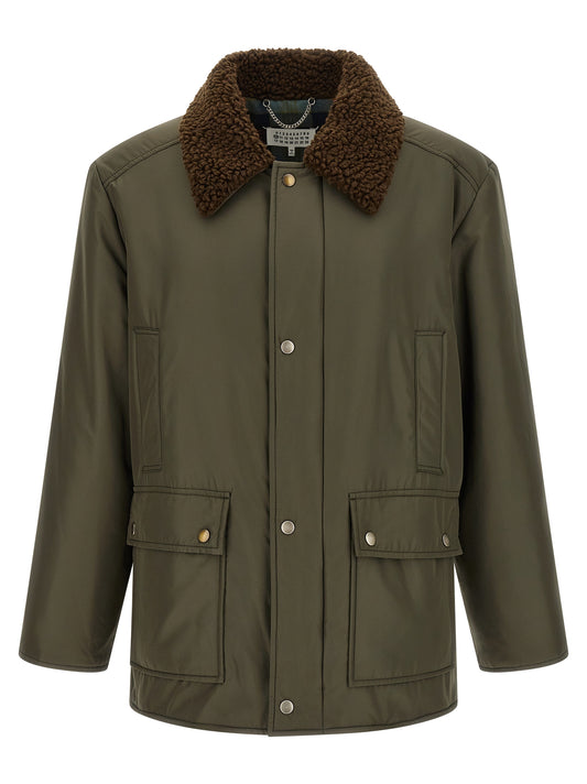 Parka by Maison Margiela for men in polyester bicolour, green, olive, silver & tartan features an avant garde silhouette, showcasing refined pockets and a sophisticated for a polished look.