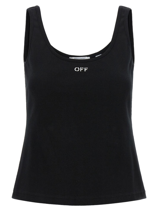 Tank Top by Off-White for women in stretch cotton black & white showcases a perennial silhouette, artfully detailed with a sleeveless design and a perennial .