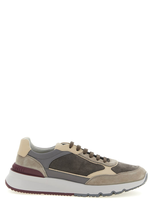Athletic Sneakers by Brunello Cucinelli for men in nappa & suede calfskin leather burgundy, gray, multicolor & sand features an timeless silhouette from the Men's Athletic Nappa & Suede Calfskin Leather Sneakers collection, showcasing a timeless athletic style for a timeless look.