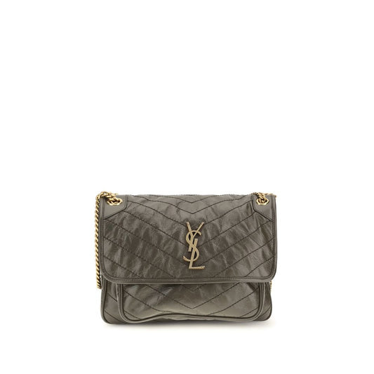 2-in-1 Shoulder & Crossbody Flap Bag by Saint Laurent for women in bos taurus calf leather bicolour, chevron & signature features a stately silhouette, showcasing a secure flap, ample built-in-compartments, and stately crossbody-strap & shoulder-strap for a stately finish.