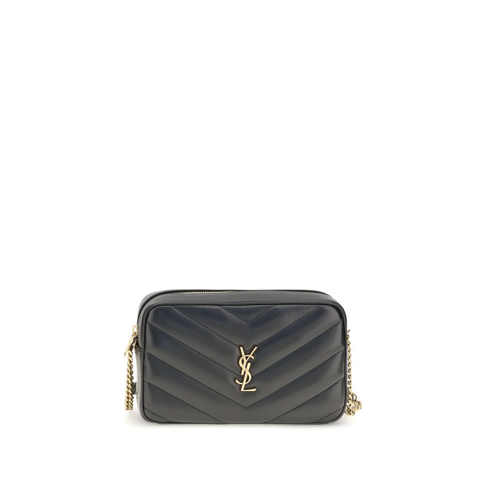 2-in-1 Shoulder & Crossbody Camera Bag by Saint Laurent for women in leather & cotton black, bronze & chevron features a stately silhouette, showcasing a secure zipper, ample , and stately crossbody-strap, shoulder-strap & adjustable-strap for a stately finish.