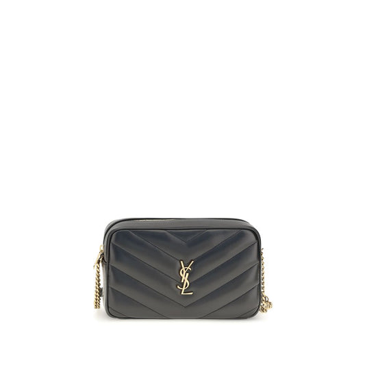 2-in-1 Shoulder & Crossbody Camera Bag by Saint Laurent for women in leather & cotton black, bronze & chevron features a stately silhouette, showcasing a secure zipper, ample , and stately crossbody-strap, shoulder-strap & adjustable-strap for a stately finish.