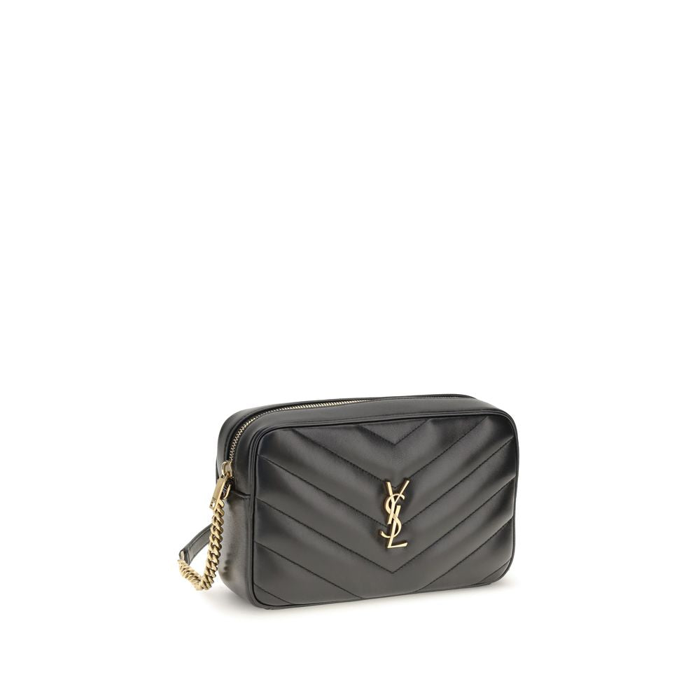 2-in-1 Shoulder & Crossbody Camera Bag by Saint Laurent for women in leather & cotton black, bronze & chevron features an effortlessly chic silhouette with a secure zipper, ample , and versatile crossbody-strap, shoulder-strap & adjustable-strap for effortlessly chic everyday luxury.