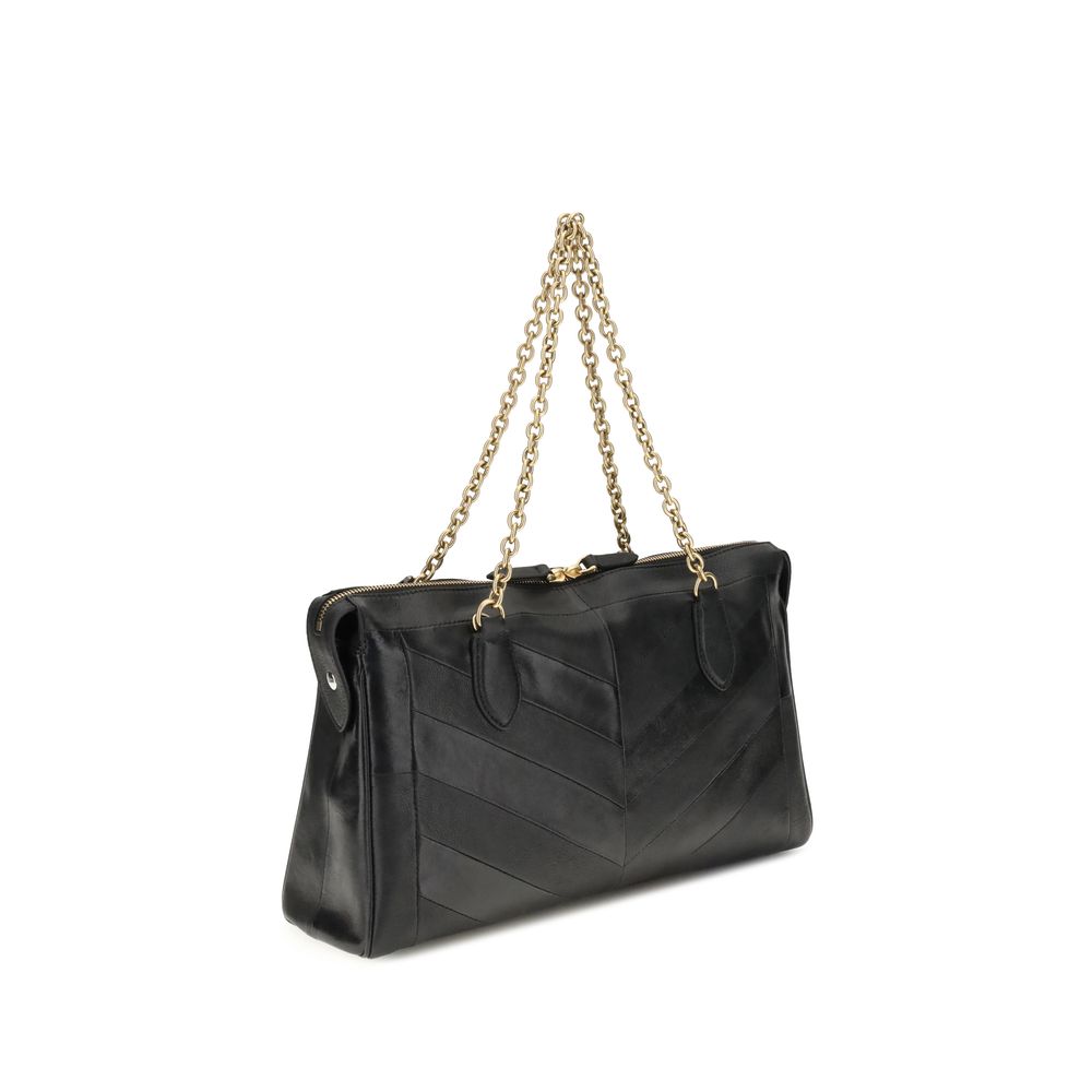 Medium Shoulder Bag by Valentino Garavani for women in leather & brass black, chevron, signature & patchwork features a stately silhouette, showcasing a secure zipper & button, ample , and stately shoulder-strap & handle for a stately finish.