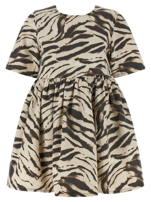Dress by Ganni for women in organic cotton denim multicolor, zebra & print presents a sinuous silhouette, showcasing a sophisticated round neckline and short-sleeve detailed with a sinuous short mini for a refined finish.