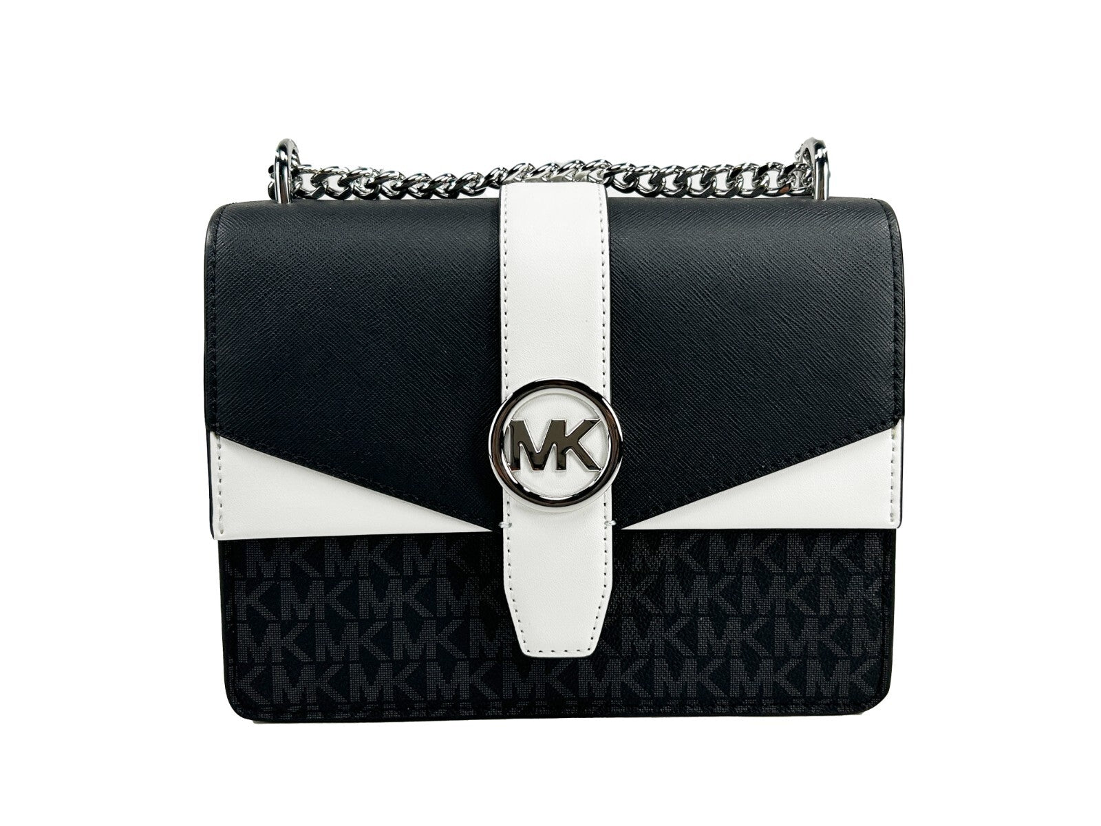 Small Crossbody Flap Handbag by Michael Kors for women in polyurethane silver & white features an multi-faceted design with a secure flap & magnetic, ample , and versatile crossbody-strap for a multi-faceted finish.