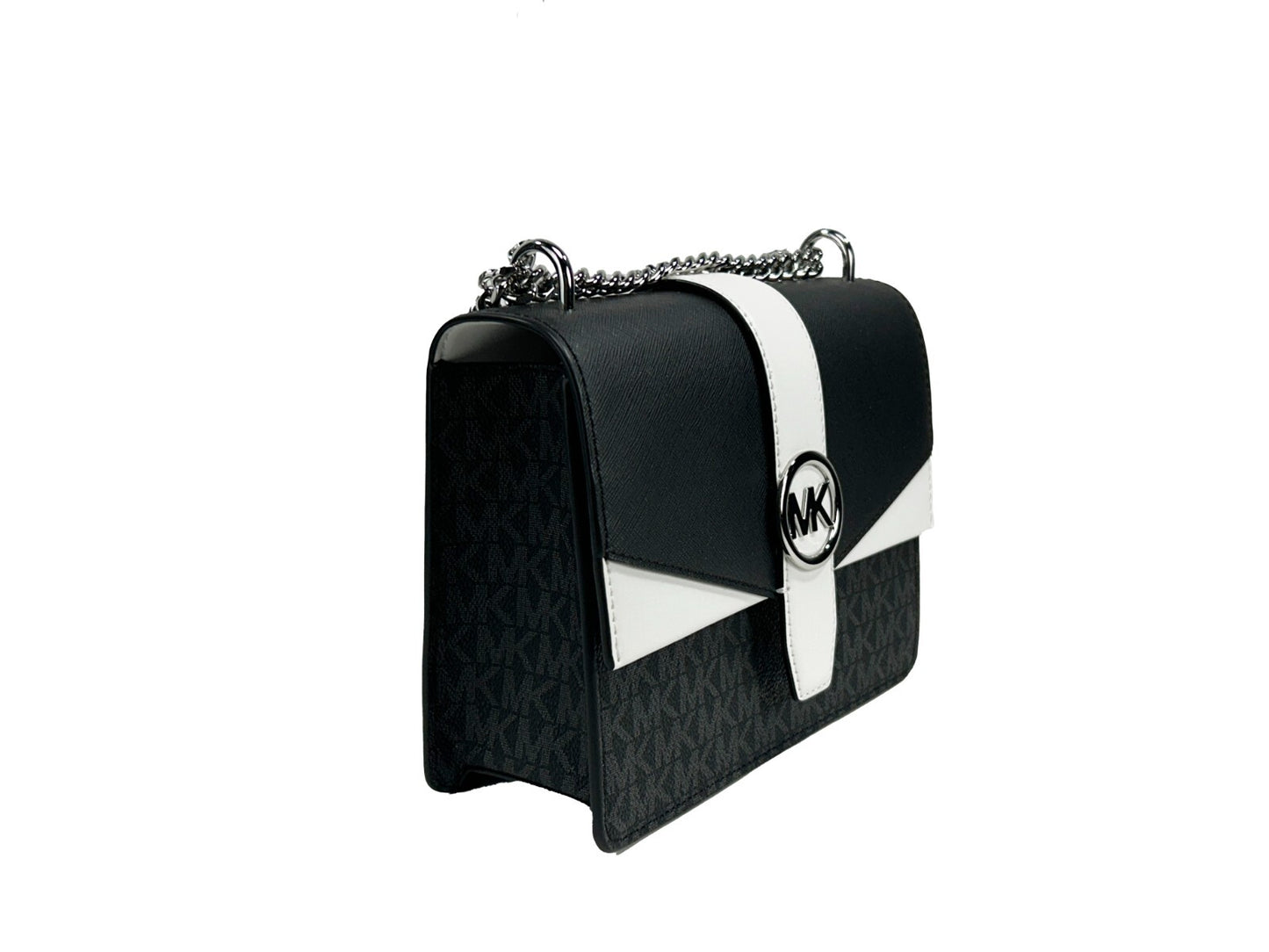 Small Crossbody Flap Handbag by Michael Kors for women in polyurethane silver & white showcases a versatile sophistication silhouette, featuring a secure flap & magnetic, versatile sophistication , and versatile crossbody-strap for a versatile sophistication finish.