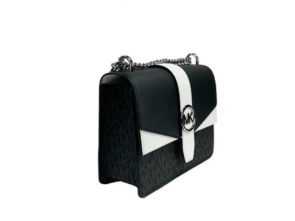 Small Crossbody Flap Handbag by Michael Kors for women in polyurethane silver & white showcases a versatile sophistication silhouette, featuring a secure flap & magnetic, versatile sophistication , and versatile crossbody-strap for a versatile sophistication finish.
