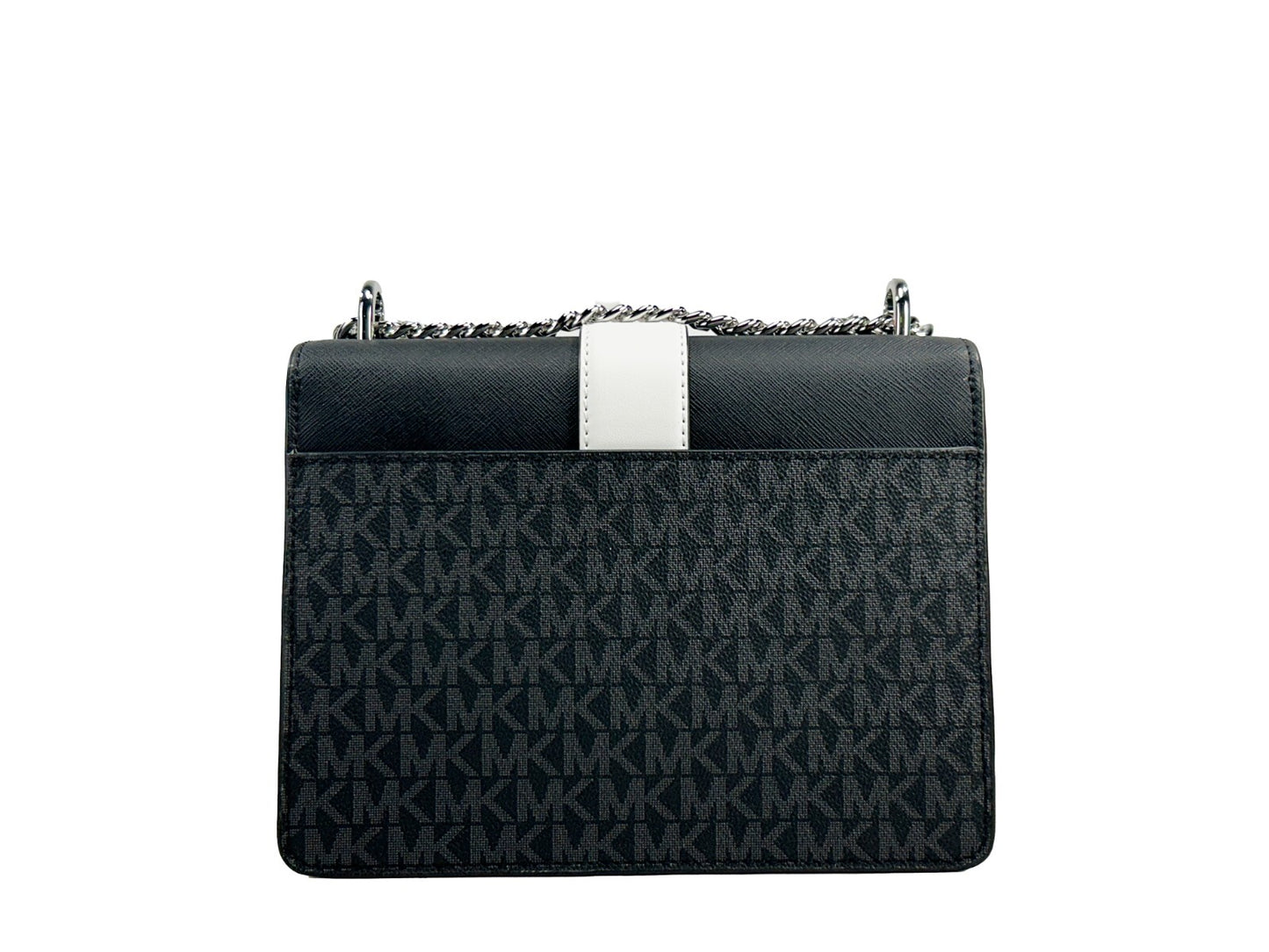 Small Crossbody Flap Handbag by Michael Kors for women in polyurethane silver & white features a transformative elegance silhouette, showcasing a secure flap & magnetic, organized , and versatile crossbody-strap for a transformative elegance look.