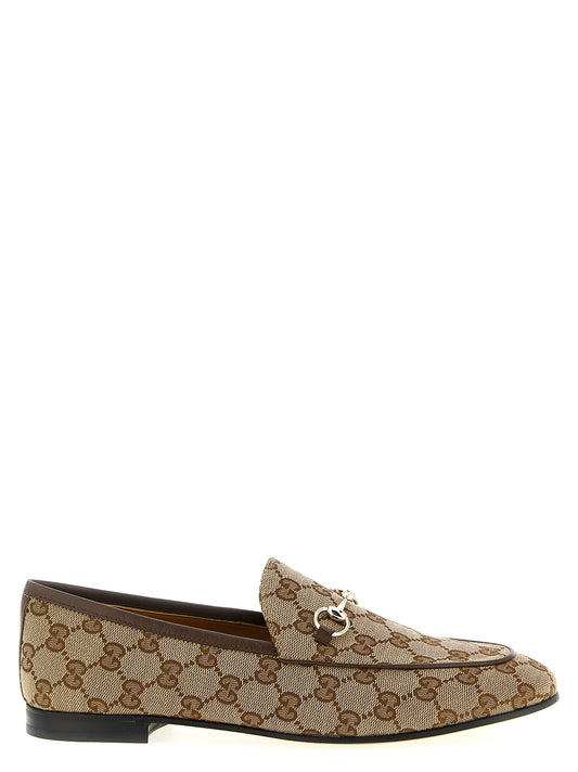 Flat Loafer Slip-On Shoes by Gucci for women in polyamide polyester leather & cotton beige & signature showcases a impeccable silhouette as Gg Women's Polyamide Polyester Leather & Cotton Flat Loafer Slip-On Shoes, artfully designed with a impeccable flat and refined for a impeccable finish.
