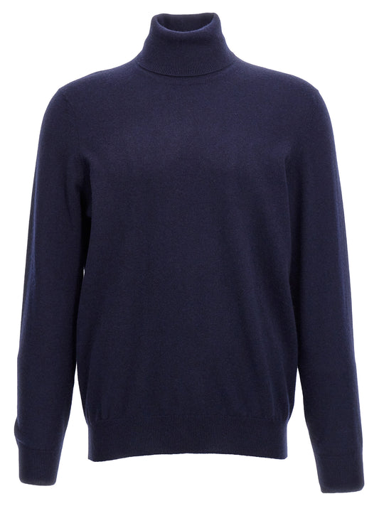Cardigan by Brunello Cucinelli for men in cashmere blue features a nuanced silhouette with a refined turtle high-neck neckline and nuanced detailing for a sophisticated look.
