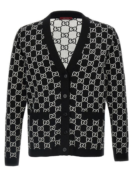 Cardigan by Gucci for women in wool bicolour, black, white & jacquard features an impeccable silhouette, showcasing a sophisticated v-neck neckline and detail for a truly impeccable finish.