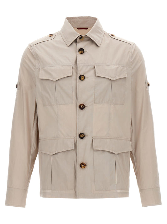Overcoat by Brunello Cucinelli for men in polyamide cotton canvas beige features a cosy chic silhouette, artfully detailed with a sophisticated shirt-collar neckline and premium pockets for a cosy chic finish.