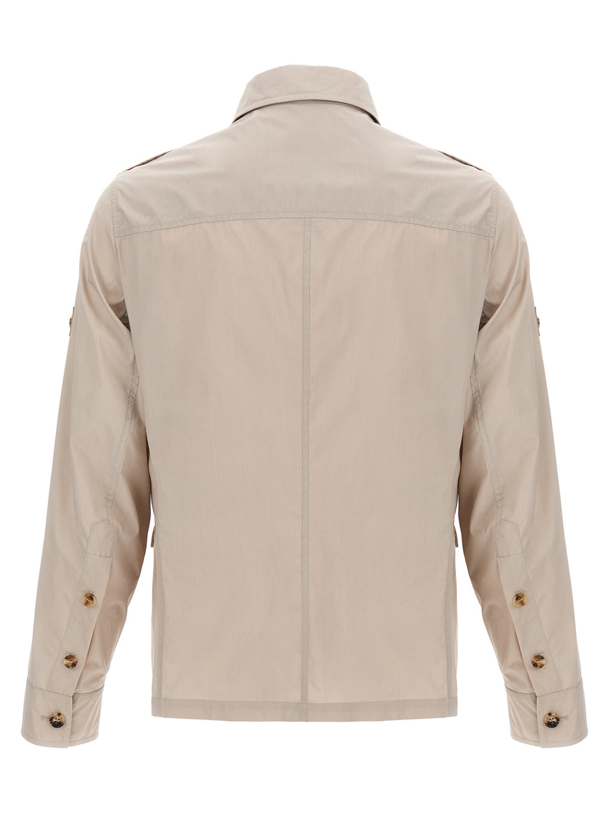 Overcoat by Brunello Cucinelli for men in polyamide cotton canvas beige showcases a architectural silhouette, artfully detailed with a distinctive shirt-collar neckline and functional pockets for a architectural finish.