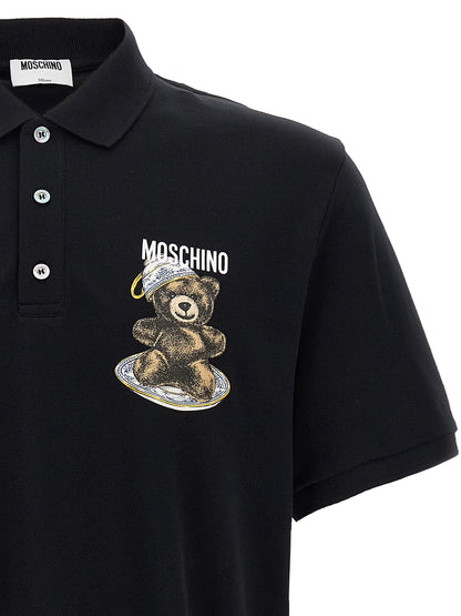 Polo Shirt by Moschino for men in cotton black & print presents a sleek silhouette, featuring a refined and for a sleek finish.