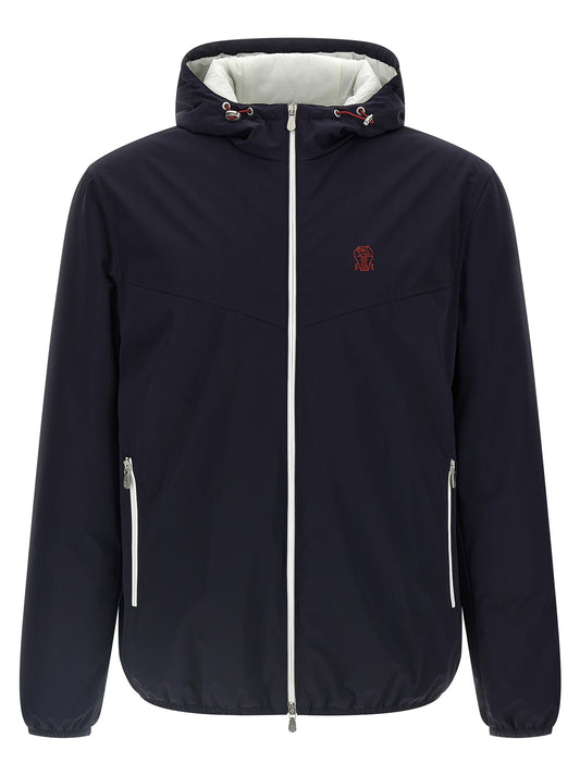 Hooded Windbreaker Jacket by Brunello Cucinelli for men in polyamide & goose-down blue features an perennial silhouette with a refined hooded high-neck neckline and perennial windproof, pockets, hooded & insulated for a sophisticated weather-resistant look.