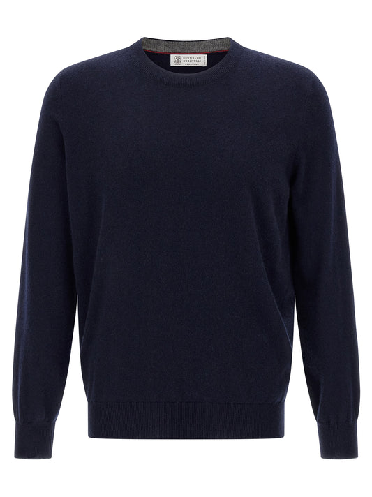 Cardigan by Brunello Cucinelli for men in cashmere blue features a nuanced silhouette with a refined crew neckline and nuanced detailing for a sophisticated look.