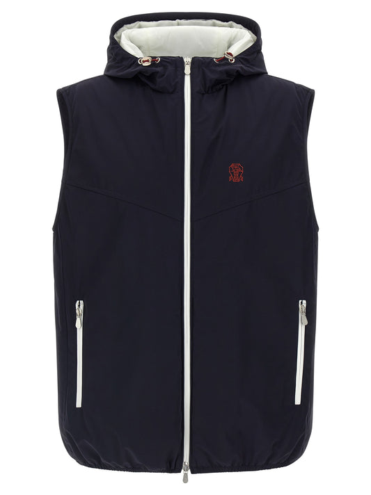 Hooded Vest by Brunello Cucinelli for men in stretch polyamide blue & signature features a stylish silhouette, showcasing distinct pockets, hooded & insulated and a refined hooded high-neck neckline for a truly stylish finish.