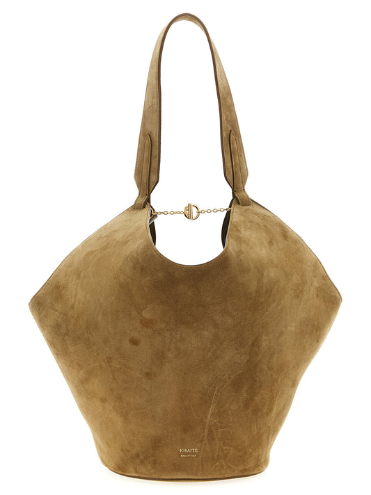 Small Shopper Tote Bag by Khaite for women in suede calfskin leather brown, gold & signature showcases a urban-chic Lotus Suede Calfskin Leather Small Shopper Tote Bag design, featuring a secure flap, ample , and versatile handle for a urban-chic finish.