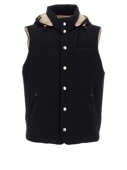 Hooded Vest by Brunello Cucinelli for men in plush nylon wool & goose-down black showcases a utilitarian silhouette, artfully incorporating hooded & insulated and a utilitarian hooded high-neck neckline for a truly utilitarian finish.