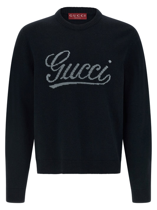 Cardigan by Gucci for men in wool blue features a dramatic silhouette, showcasing a sophisticated crew neckline and dramatic long-sleeve detail for a timeless, premium look.