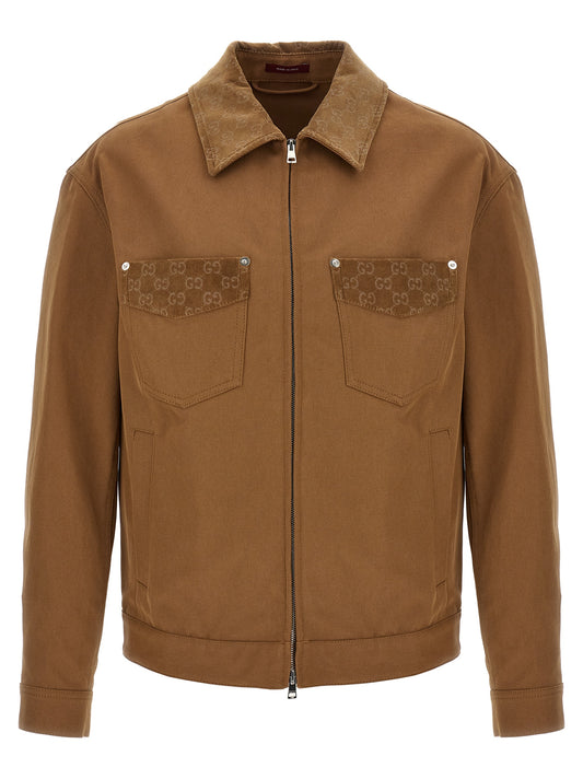 Overcoat by Gucci for men in cotton corduroy & canvas brown features an voluminous silhouette, showcasing distinct pockets and a voluminous shirt-collar neckline for a truly voluminous aesthetic.