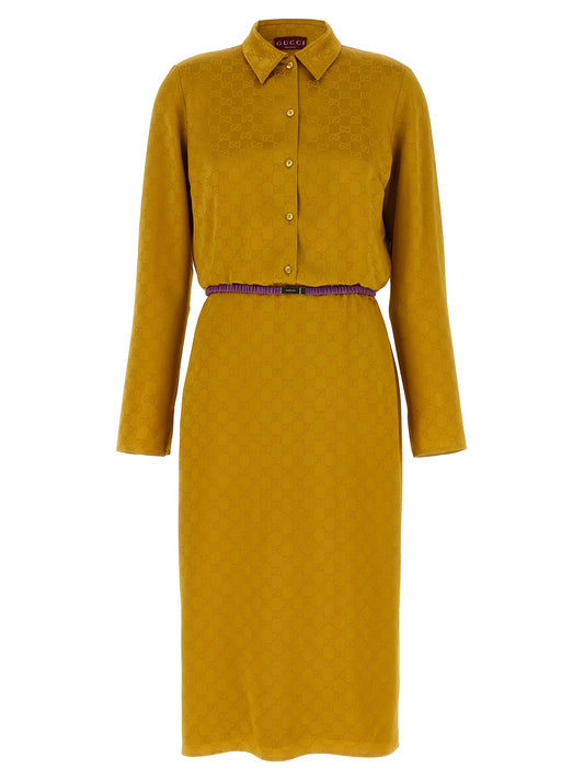 Dress by Gucci for women in silk & viscose bicolour, yellow, patterned & jacquard features an cute silhouette, detailed with a long-sleeve and split neckline that elegantly flows into a cute midi.