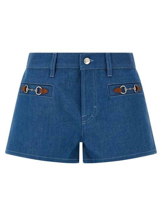 Denim Shorts by Gucci for women in denim cotton blue features an utilitarian chic with a short and , creating a utilitarian chic silhouette perfect for elevated casual styling.