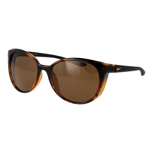 Sunglasses by Nike for women in acetate brown features a sumptuous silhouette, showcasing a sumptuous full-rim round frame design in brown coloured frame with high-performance non-polarized category-3-dark-tint lens.
