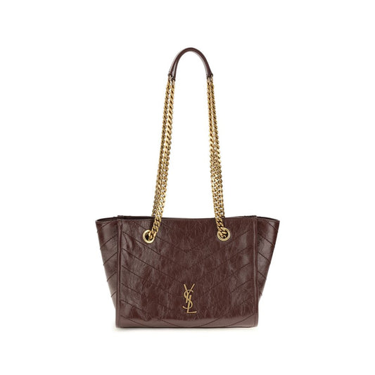Small Shoulder Shopper Tote Bag by Saint Laurent for women in bos taurus calfskin leather brown, chevron & signature showcases a statuesque silhouette, artfully detailed with a secure , organized , and versatile shoulder-strap for a statuesque look.