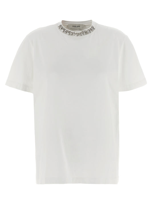 T-Shirt by Golden Goose for women in cotton & crystal white & signature showcases a unassuming silhouette, artfully detailed with a refined crew neckline and unassuming short-sleeve for a sophisticated, contemporary look.