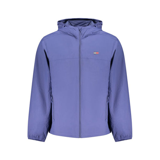 Hooded Windbreaker Jacket by Tommy Hilfiger for men in polyamide blue & print features an perennial silhouette with a refined hooded neckline and perennial pockets, hooded & windproof for a sophisticated weather-resistant look.