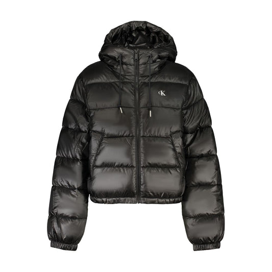 Hooded Windbreaker Jacket by Calvin Klein for women in polyester black, signature & print showcases a urban chic silhouette, detailed with a urban chic hooded neckline and functional pockets, hooded & windproof for a polished finish.