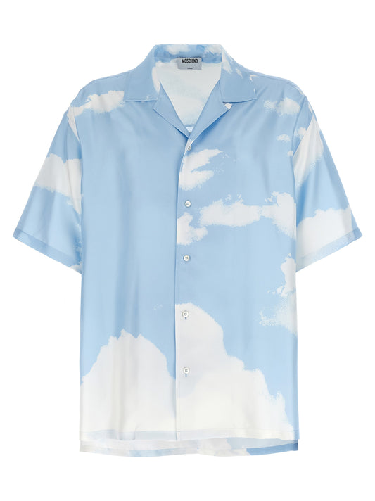 Shirt by Moschino for men in silk multicolor & print showcases a sleek silhouette, elegantly detailed with a sleek v-neck asymmetric neckline and short-sleeve for a sleek finish.