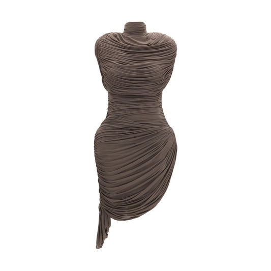 Dress by Magda Butrym for women in stretch cupro brown & copper features an sultry silhouette defined by a and long-sleeve, falling to an sultry short mini for a sultry look.