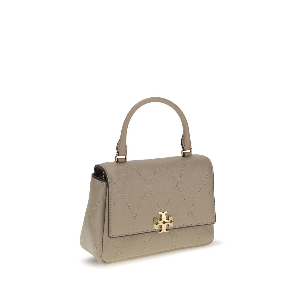 Mini Quilted Flap Handbag by Tory Burch for women in bos taurus calf grained leather beige features a refined silhouette, showcasing a secure flap, zipper & magnetic, organized cardholder, and versatile adjustable-strap & handle for a refined finish.