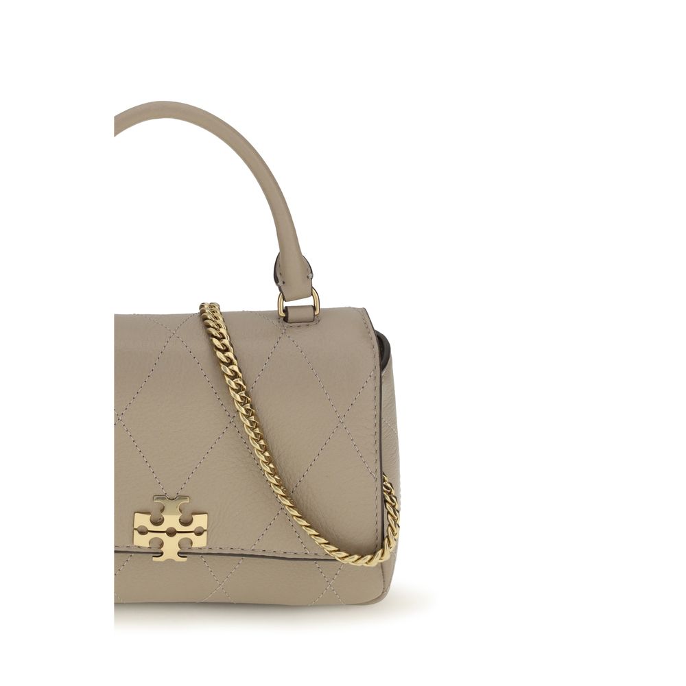 Mini Quilted Flap Handbag by Tory Burch for women in bos taurus calf grained leather beige presents a ornamental silhouette, showcasing a secure flap, zipper & magnetic, ample cardholder, and versatile adjustable-strap & handle for a ornamental finish.