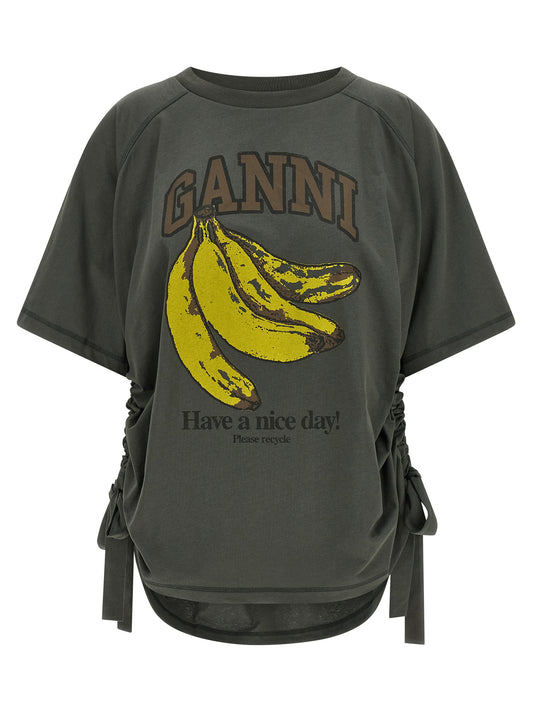 Activewear T-Shirt by Ganni for women in organic cotton gray & print presents a kinetic silhouette, showcasing the kinetic and crew neckline alongside functional for a premium, athletic look.