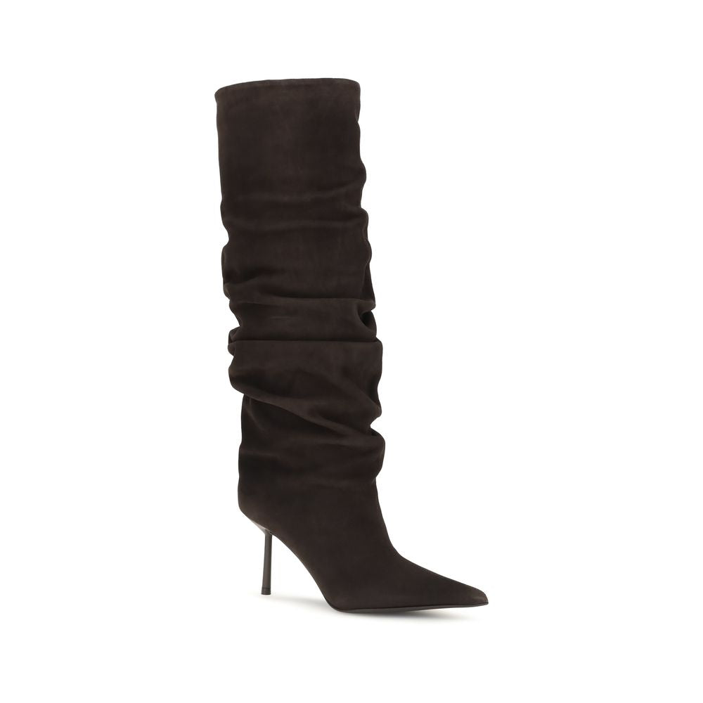 Stiletto Boots by LE SILLA for women in bos taurus calf suede leather brown showcases a impeccable silhouette as Women's Bos Taurus Calf Suede Leather Stiletto Boots, artfully defined by a impeccable stiletto and a impeccable pointed toe style.