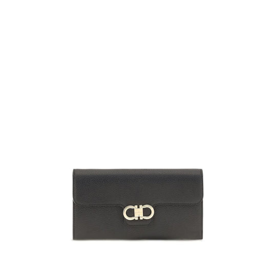 Cardholder Wallet by Ferragamo for women in bos taurus calfskin leather black, gold & signature showcases a refined silhouette, artfully detailed with the signature style of the Gancini Bos Taurus Calfskin Leather Cardholder Wallet and functional card-organization compact-design.
