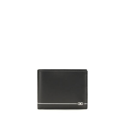 Cardholder Wallet by Ferragamo for men in bos taurus calf leather black, white & striped showcases a discerning silhouette, artfully capturing the essence of Bos Taurus Calf Leather Cardholder Wallet with its functional card-organization bifold.