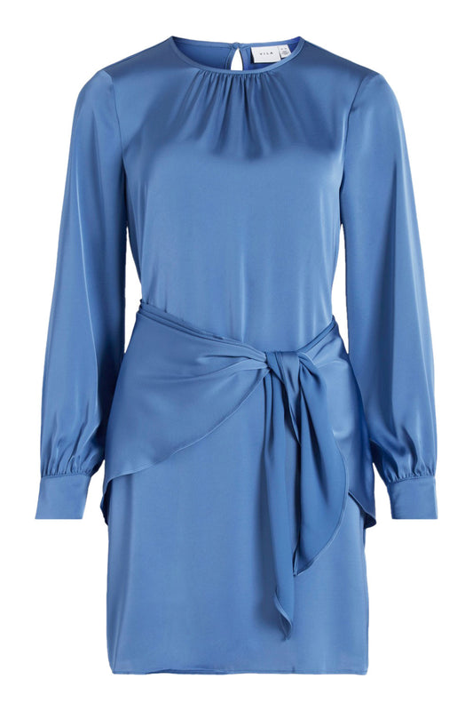 Dress by Vila Clothes for women in polyester light-blue & patterned features a dramatic silhouette, showcasing an elegant round neckline and long-sleeve that flows into a dramatic short.