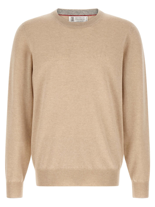 Cardigan by Brunello Cucinelli for men in cashmere beige features a dramatic silhouette, showcasing a sophisticated crew neckline and dramatic detail for a timeless, premium look.