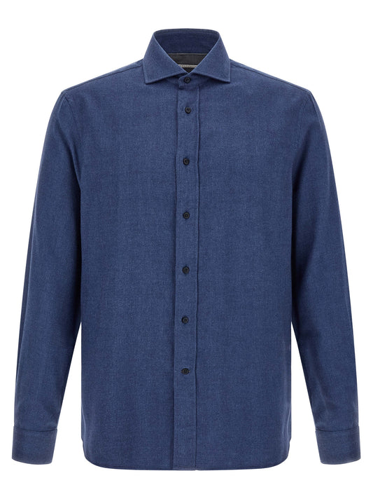 Shirt by Brunello Cucinelli for men in cotton & lyocell blue, pearl & herringbone showcases a sublime silhouette, artfully detailed with a sublime and for a sophisticated, sublime finish.