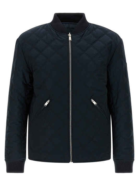 Bomber Jacket by Hugo Boss for men in polyester blue & signature showcases a bohemian silhouette, artfully detailed with a bohemian high-neck neckline and signature pockets for a truly bohemian finish.